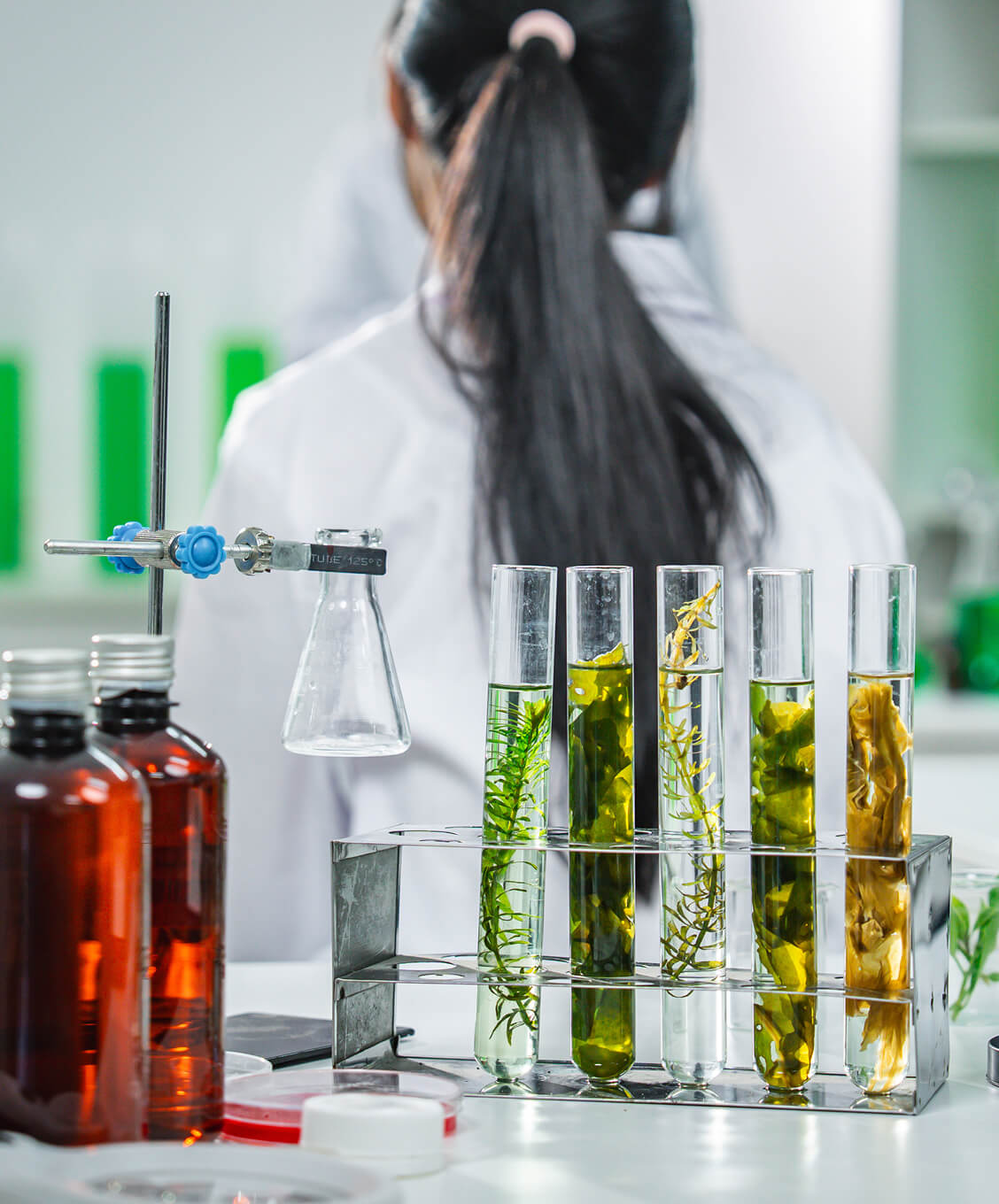 Test tubes with green and yellow plants in liquid on a lab bench, scientist with ponytail in background.