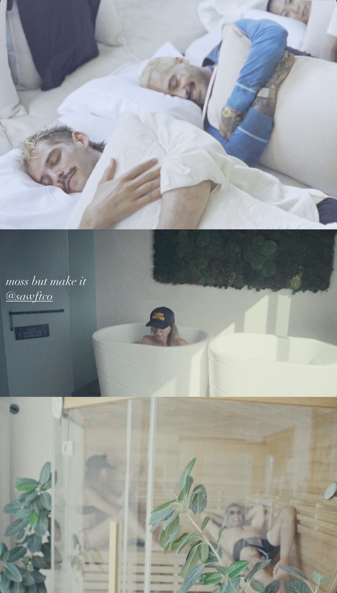three moments at moss: members resting after a session, a member in the cold plunge, and two people in the sauna