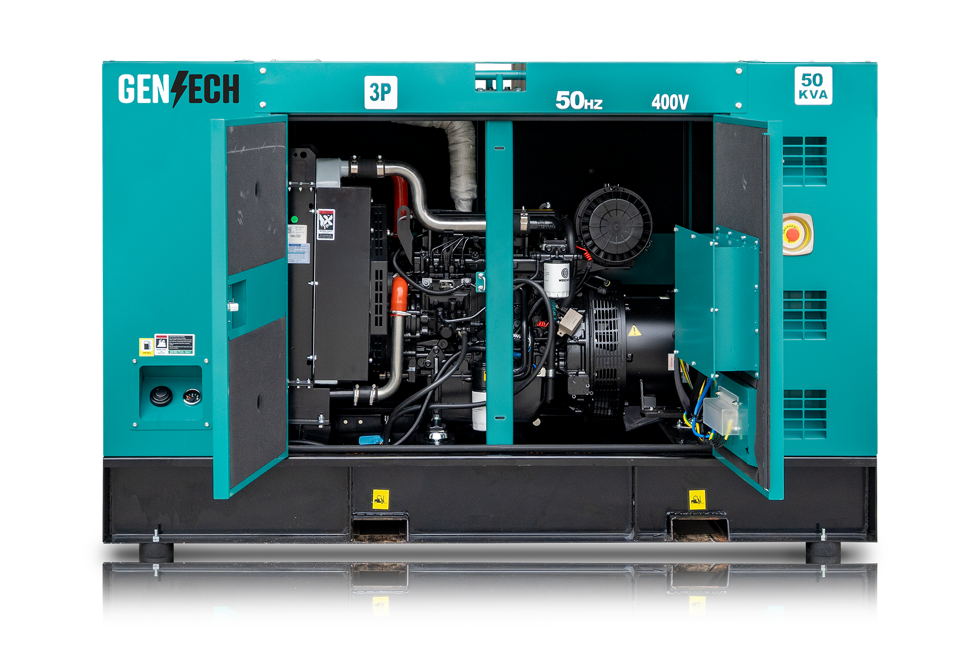 Open-front view of a Gentech 50 kVA industrial generator showing its internal engine and mechanical components, with labels indicating 3 phase, 50 Hz frequency, and 400 volts.