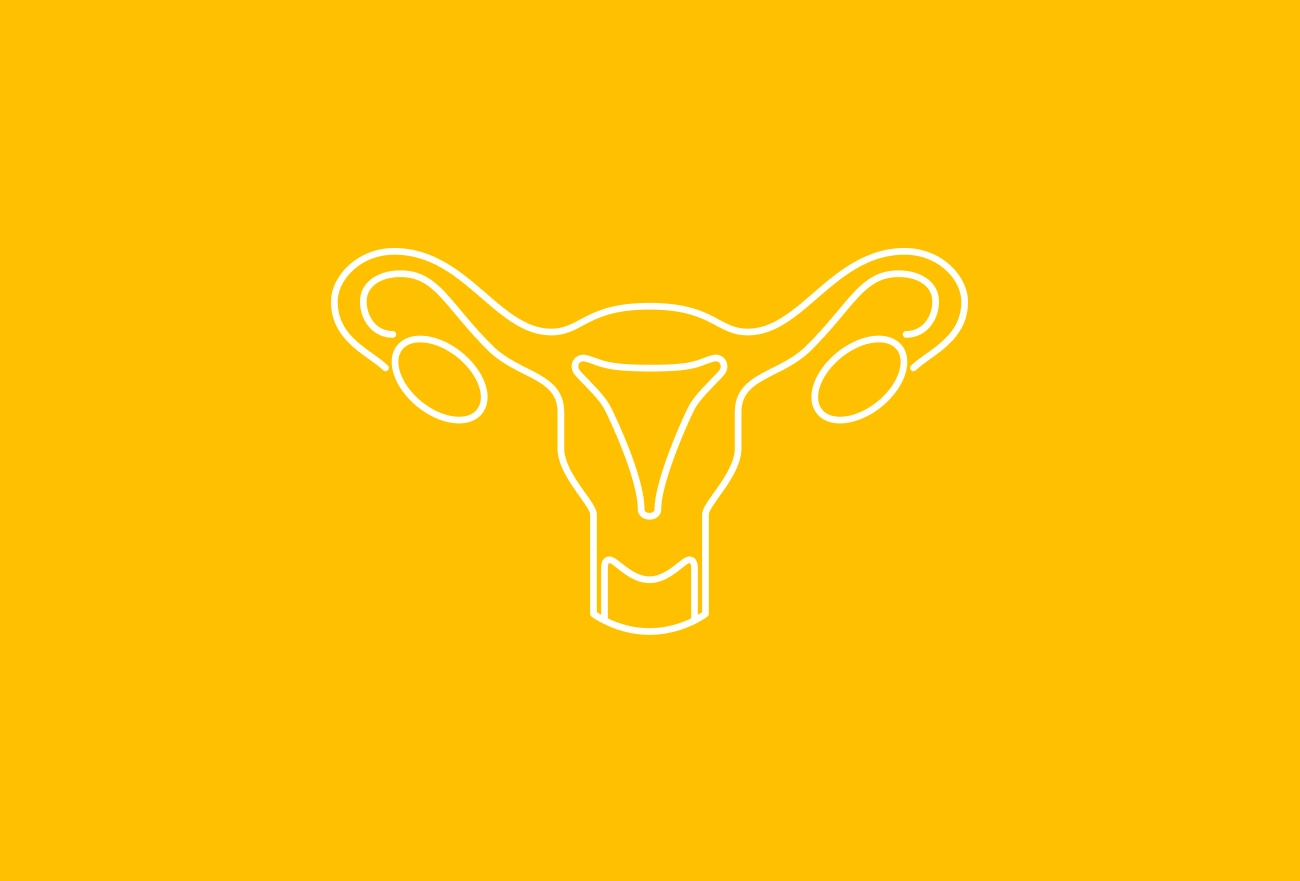 White line icon of uterus on bright yellow background, minimalist medical illustration