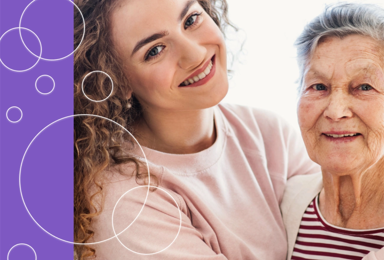 Smiling young and elderly women against purple background with geometric circle patterns