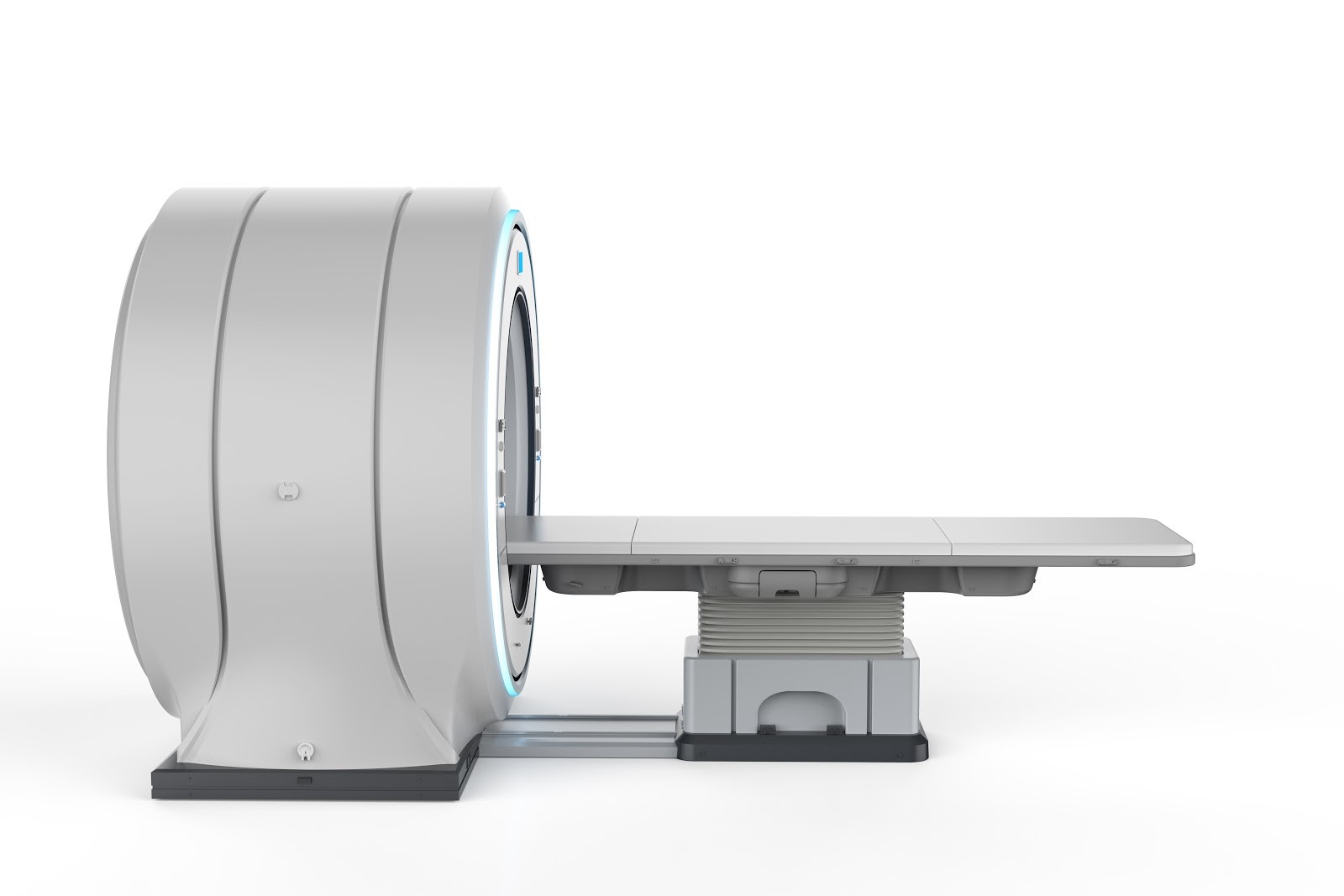Side view of a MRI scan machine with white background