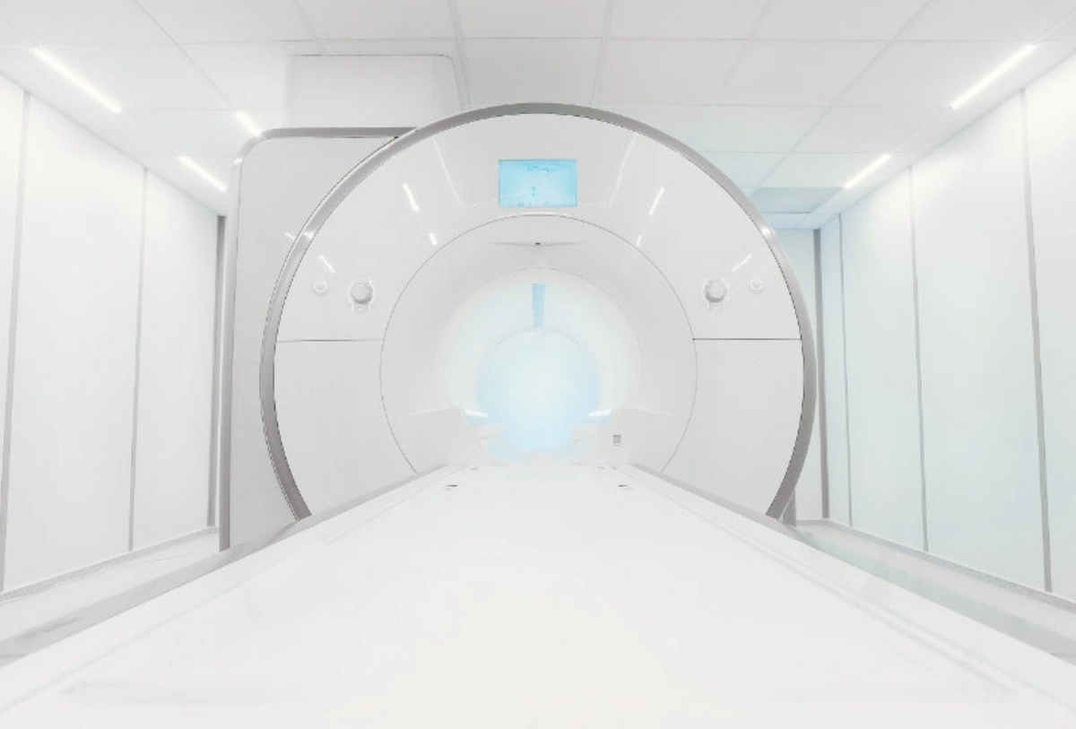 Interior of CT or MRI medical scanner machine with large circular opening