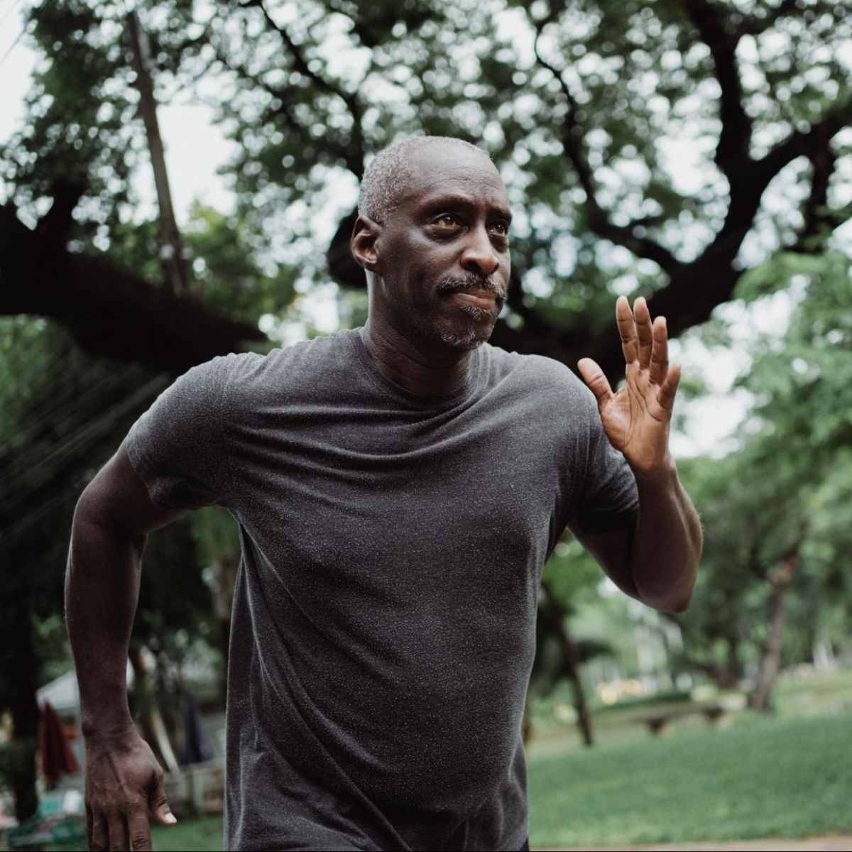 Man jogging in gray t-shirt through park with trees and grass in background