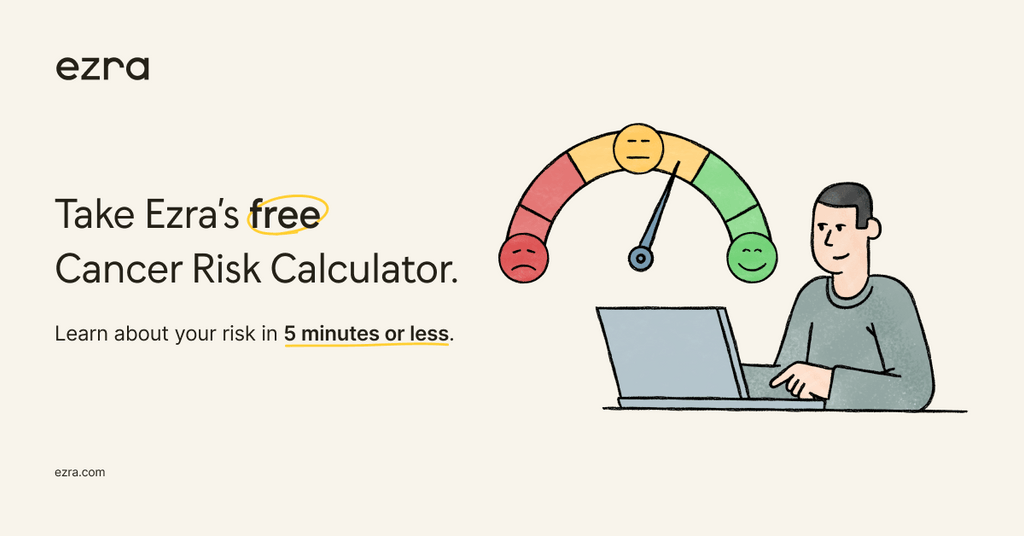 Man using laptop with cancer risk calculator gauge showing emotion-based risk levels