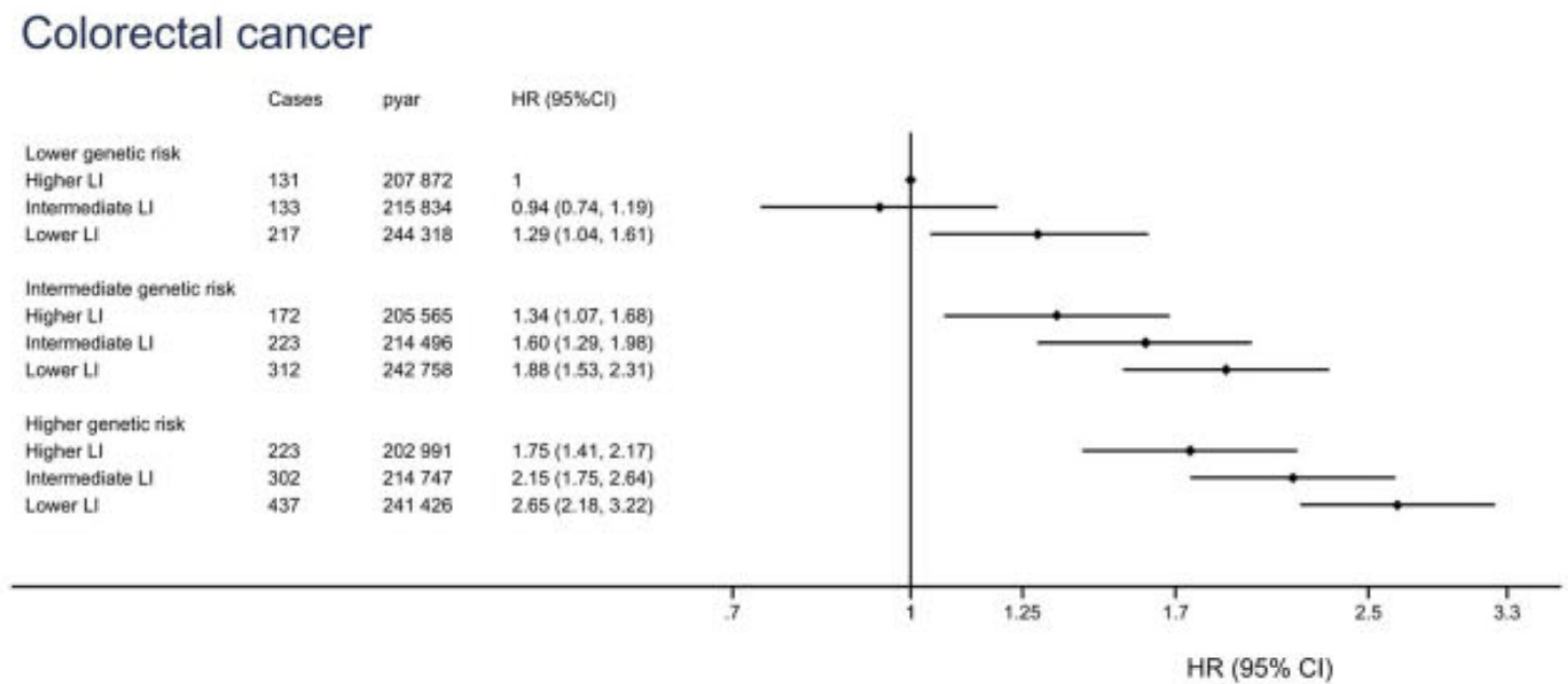 Forest plot of colorectal cancer hazard ratios by genetic risk and lipid level categories with 95% confidence intervals