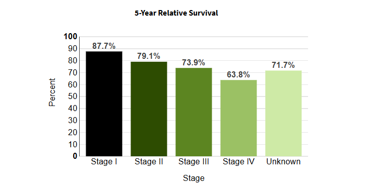 5-year survival rates of patients with stage I-IV non-Hodgkin lymphoma.