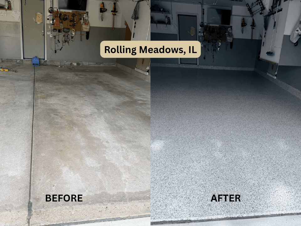 Side-by-side garage floor before and after epoxy flake coating in Rolling Meadows, IL.