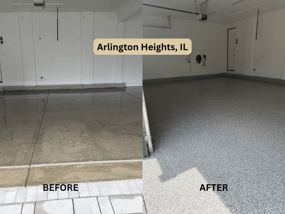Garage floor before with plain concrete and after with speckled epoxy coating in Arlington Heights, IL.