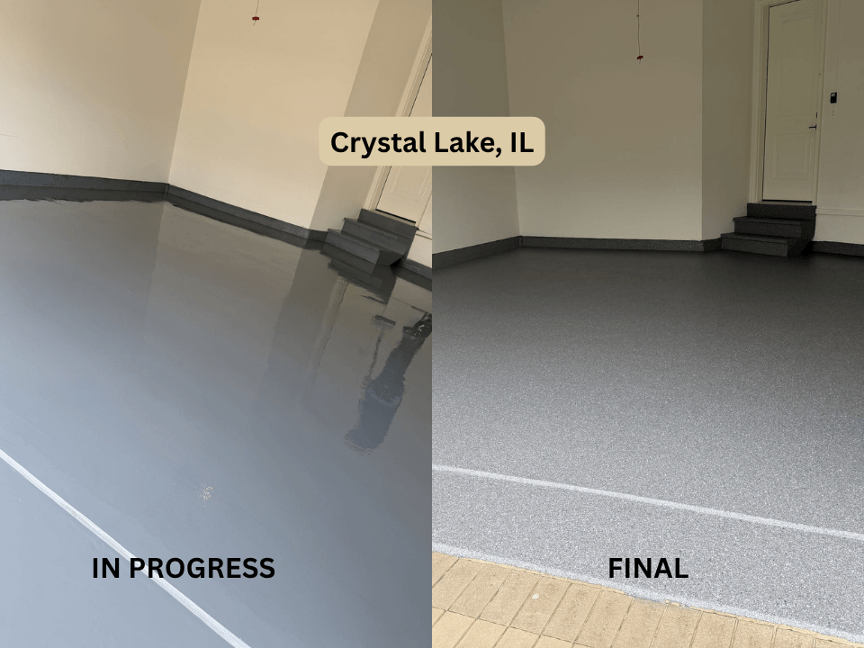 Side-by-side of a garage floor: left is smooth wet basecoat, right is finished epoxy flake coating.