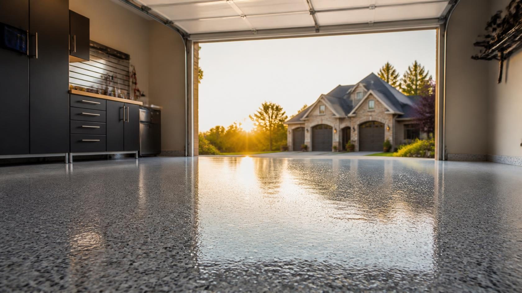 Glossy epoxy flake garage floor reflecting sunset outside an open garage door with a house view.