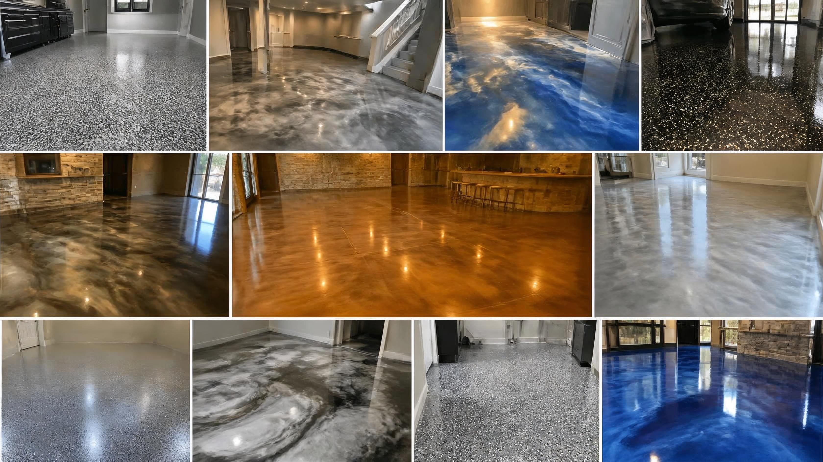 Collage of epoxy flooring with glossy finishes in varied colors and patterns in residential interiors.
