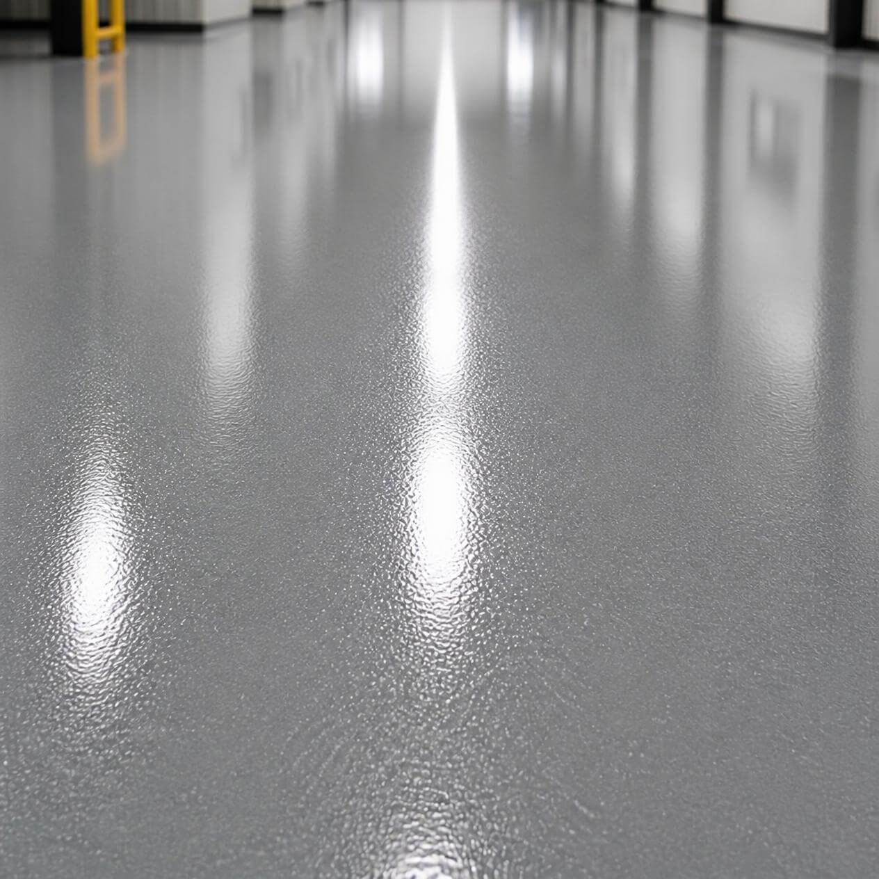 Shiny smooth gray epoxy-coated garage floor with small steps and white door at the back.