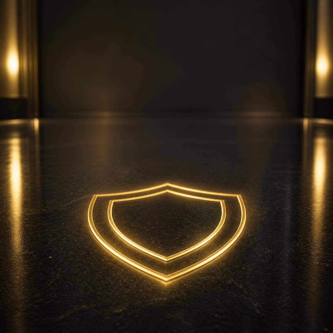 Glowing golden shield outline symbol on a shiny dark reflective floor with soft lights in the background.