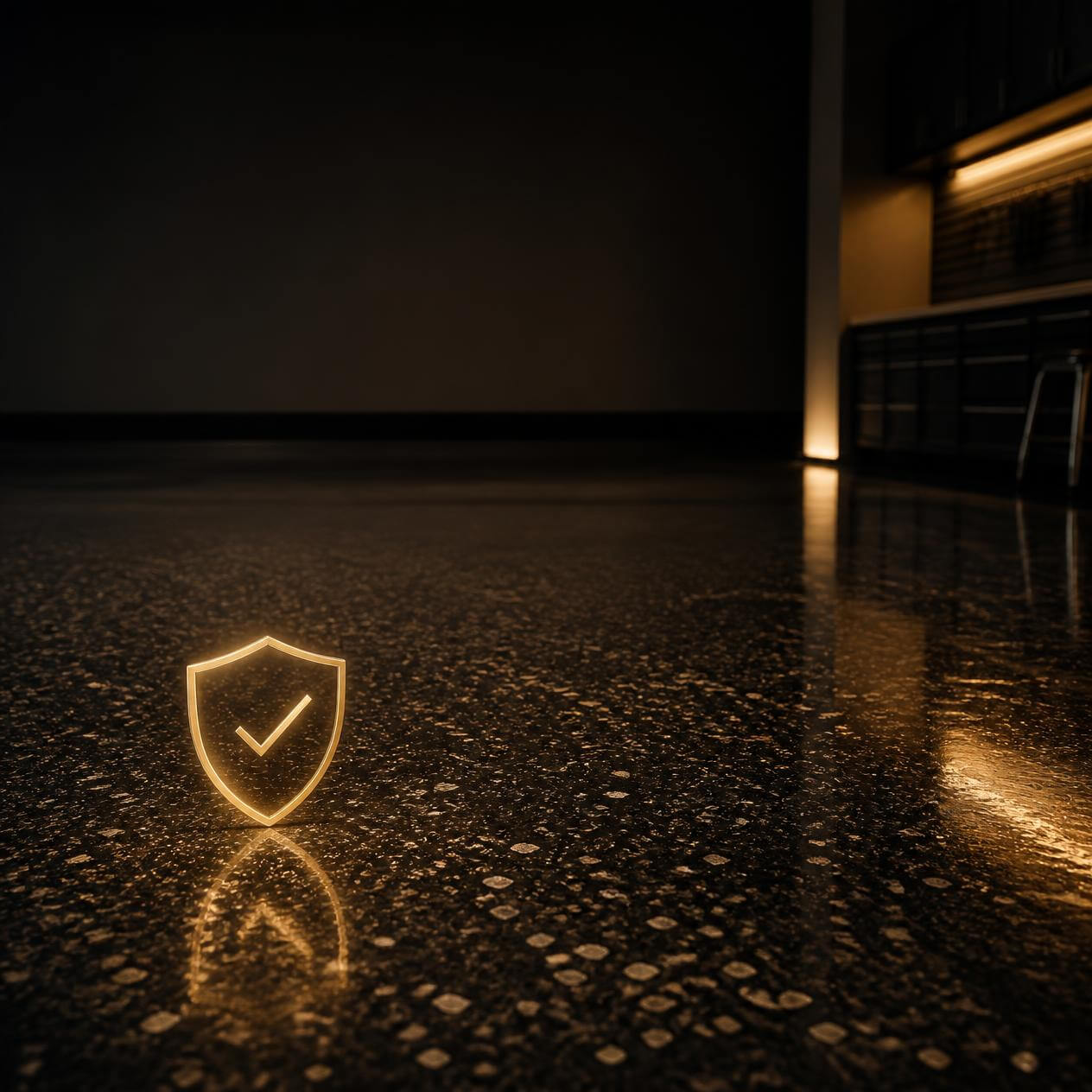 Glossy dark epoxy floor with glowing shield and checkmark symbol reflecting on surface in dim room.