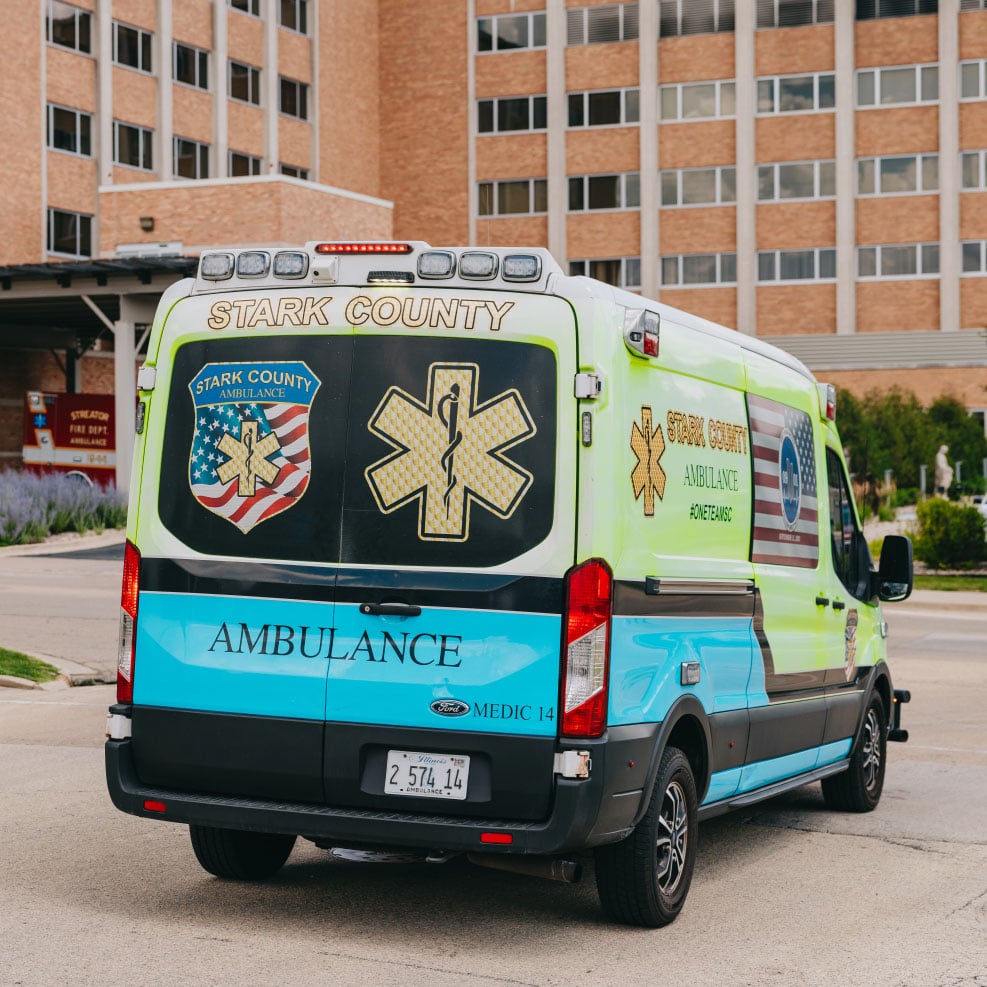Rear graphics on a Stark County Ambulance transport unit