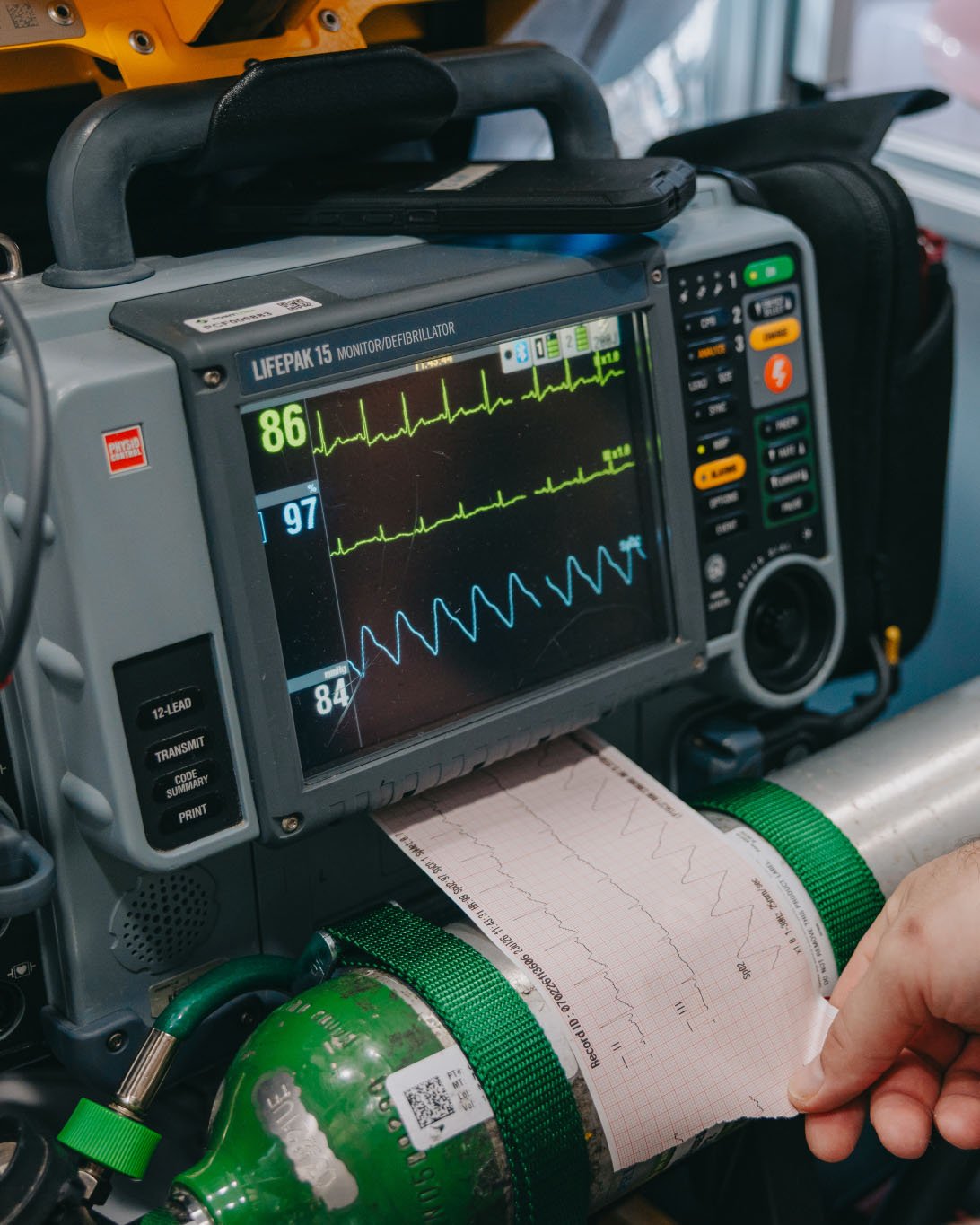 Cardiac monitor and oxygen in use during a Stark County ambulance transport