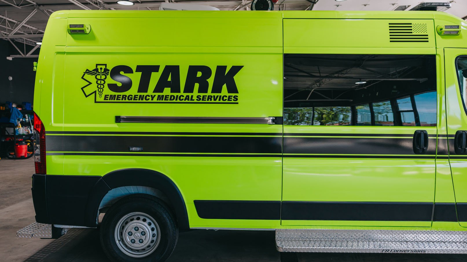 Side view of a Stark County Ambulance box-type ambulance