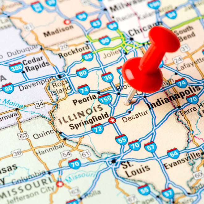 Red pushpin marking Indianapolis on a map showing Illinois and surrounding states with highways.