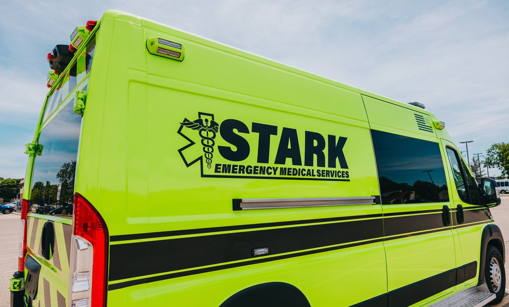 Rear view of a Stark County Emergency Medical Services ambulance