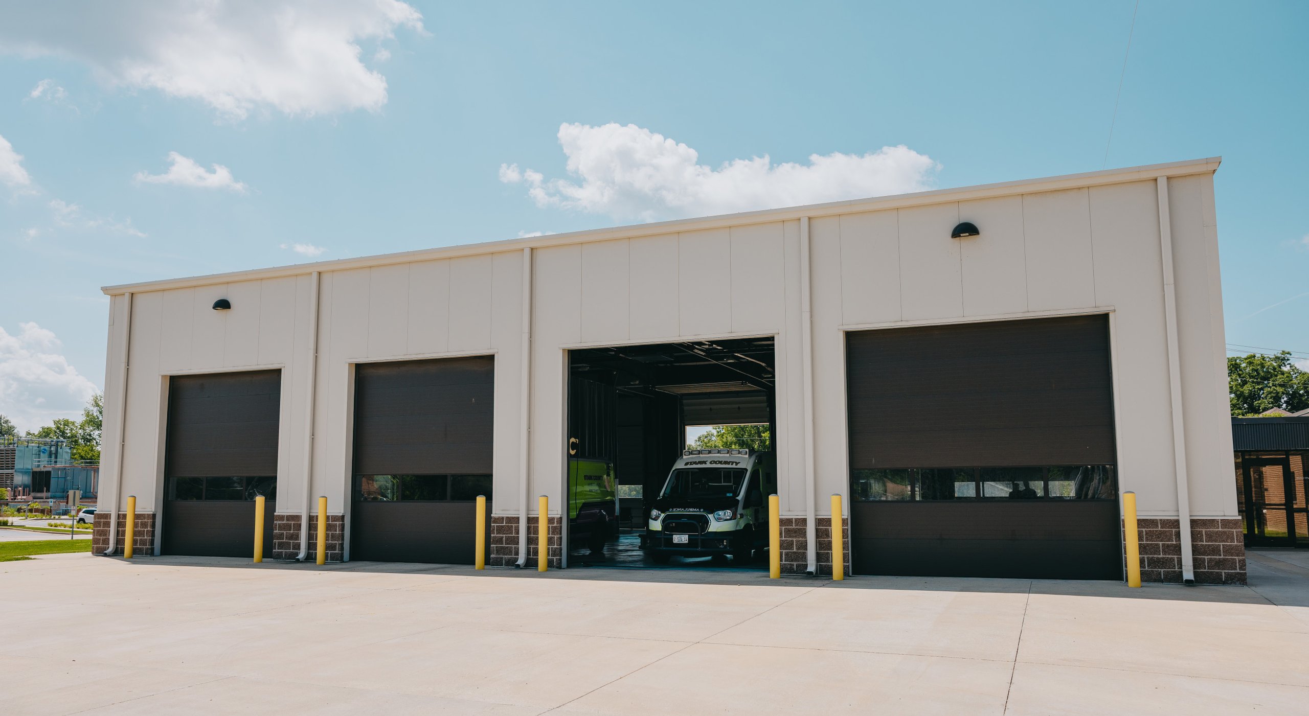 Wide exterior view of a Stark County Ambulance station
