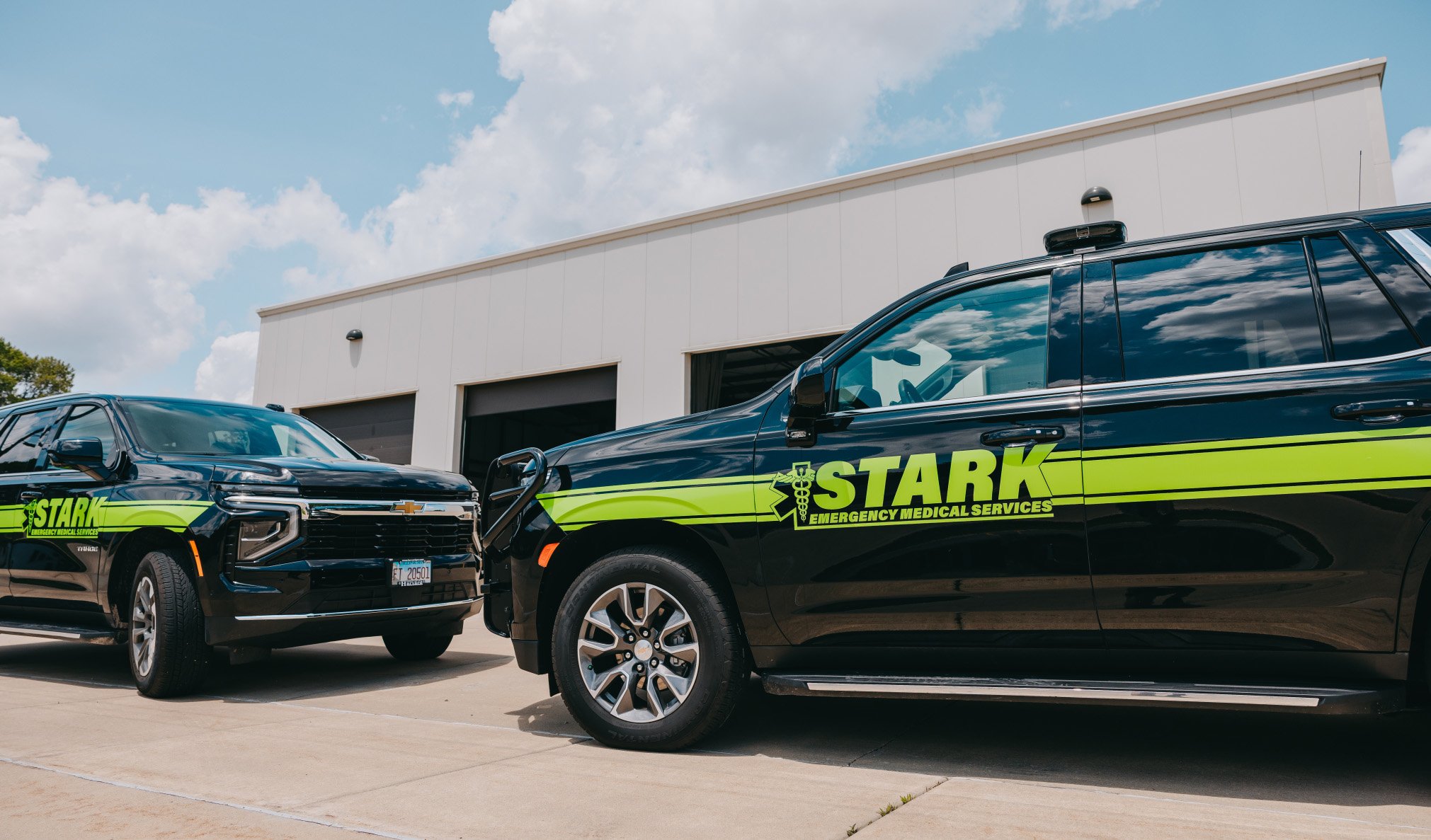 Stark County Ambulance response SUVs parked outside a station