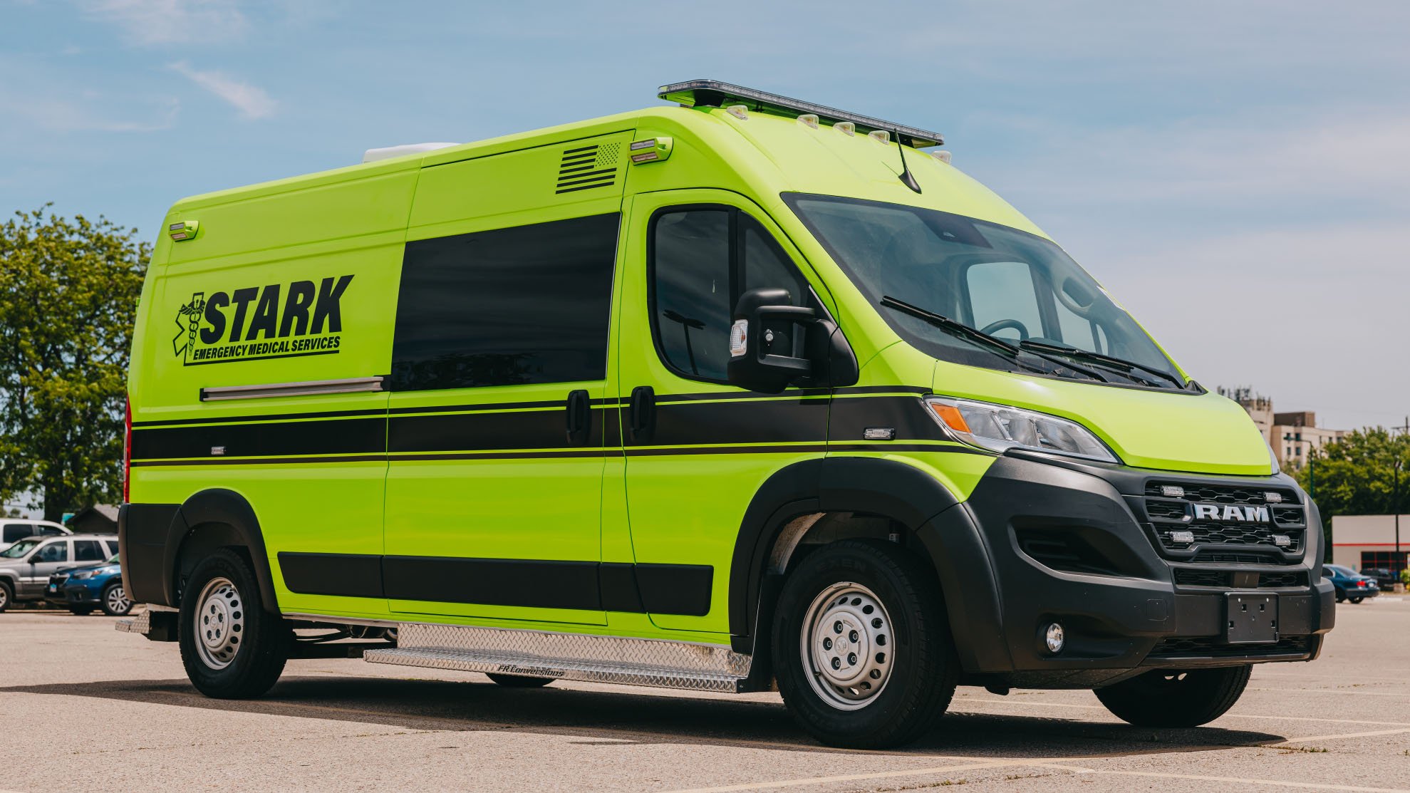 Stark County Emergency Medical Services ambulance parked in daylight
