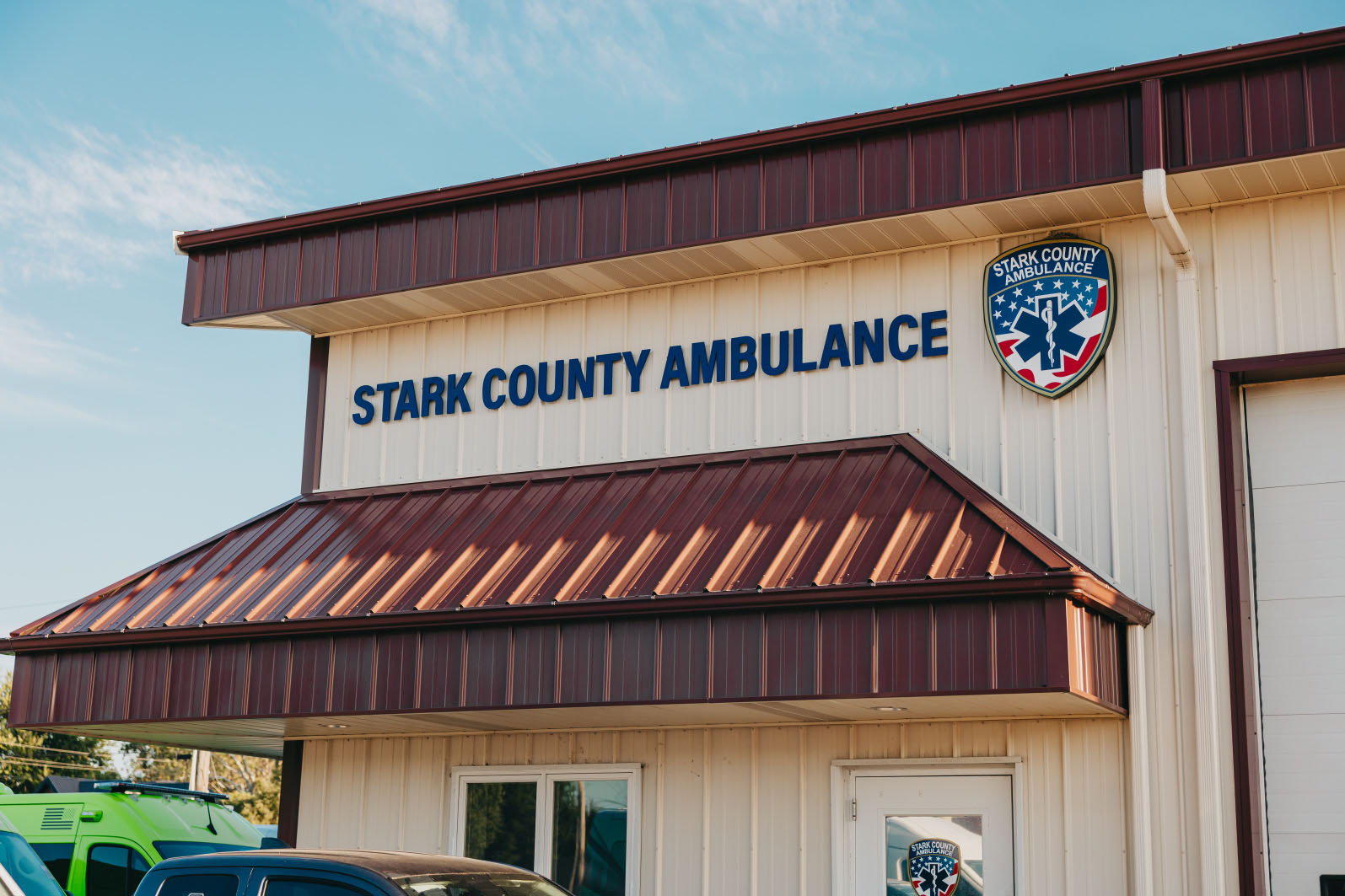 Entrance and signage at the Stark County Ambulance Bradford station in Stark County, Illinois
