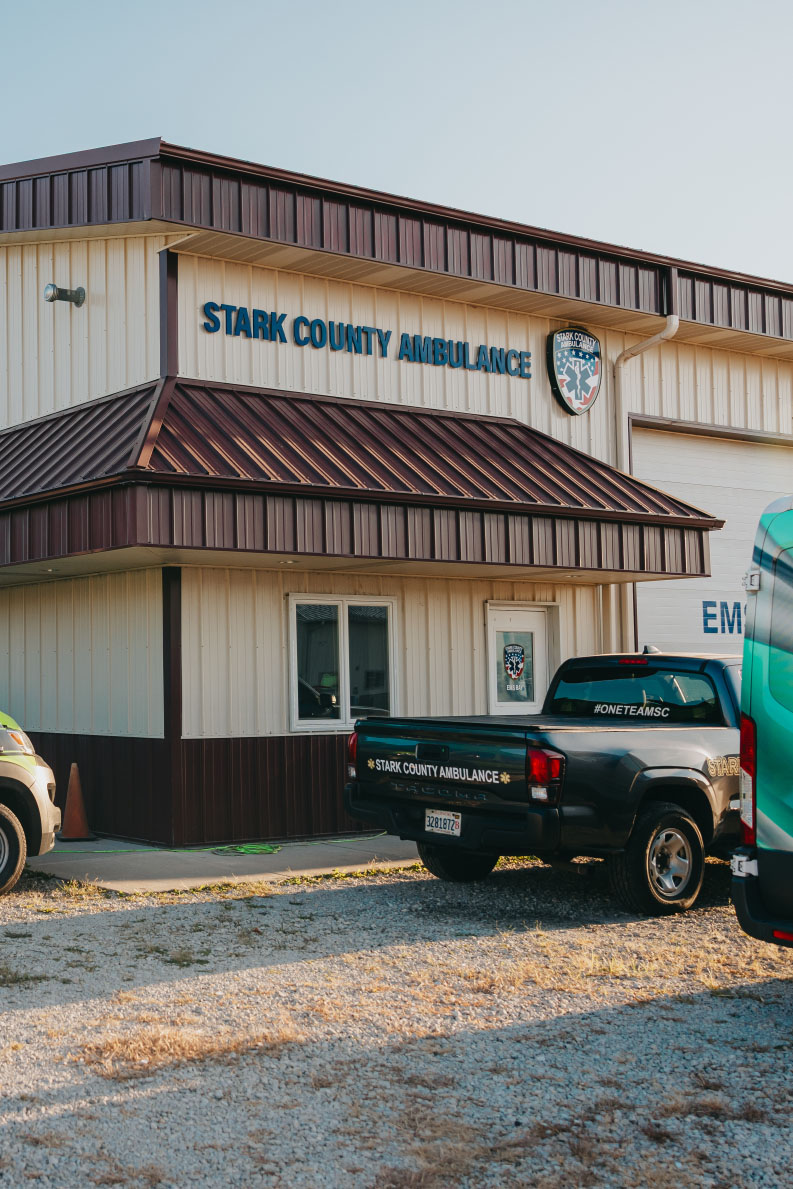 Stark County Ambulance vehicles staged at the Bradford station in Bradford, Illinois