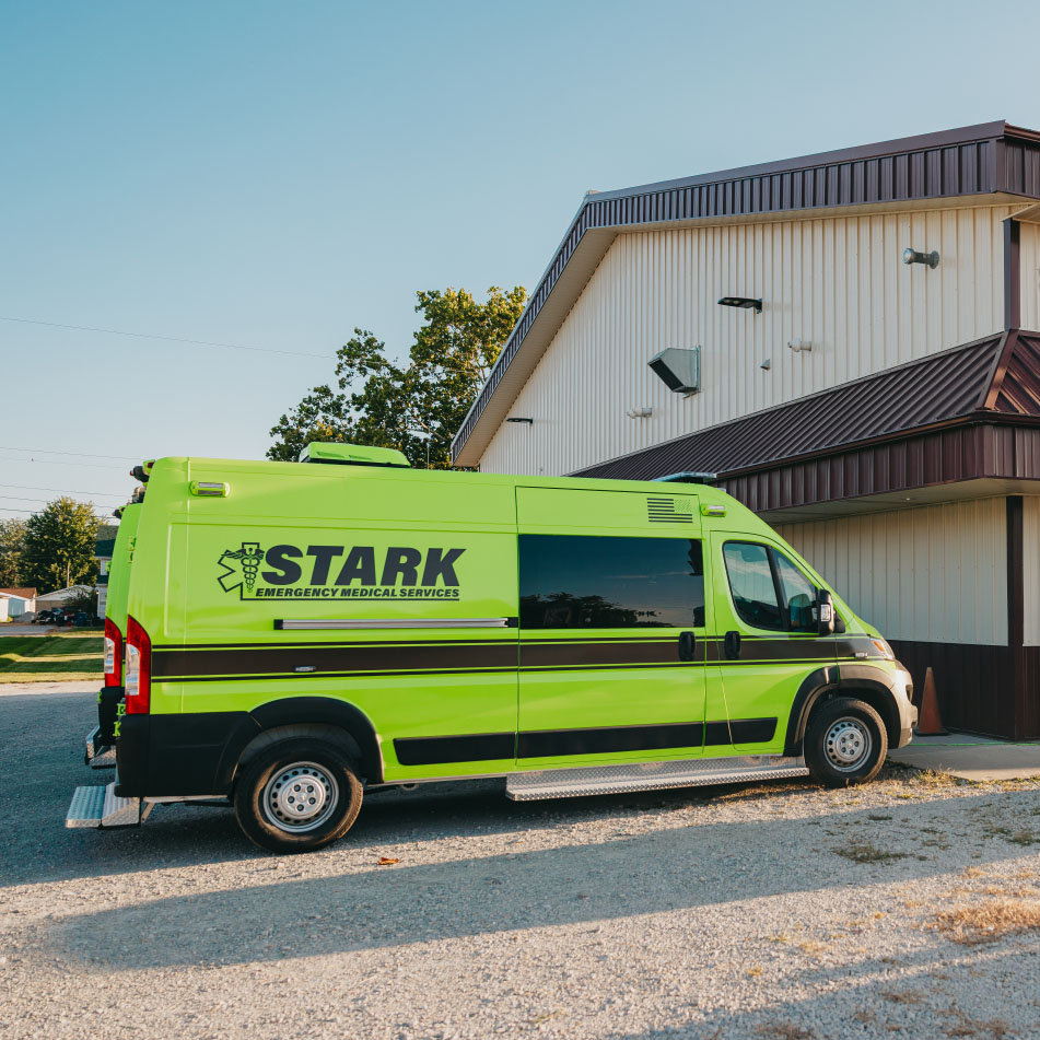 Stark County Ambulance unit parked alongside the Bradford station in Bradford, Illinois
