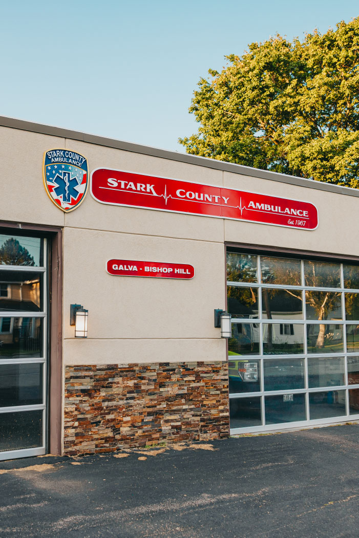 Stark County Ambulance shield and Galva-Bishop Hill sign on the Galva station facade