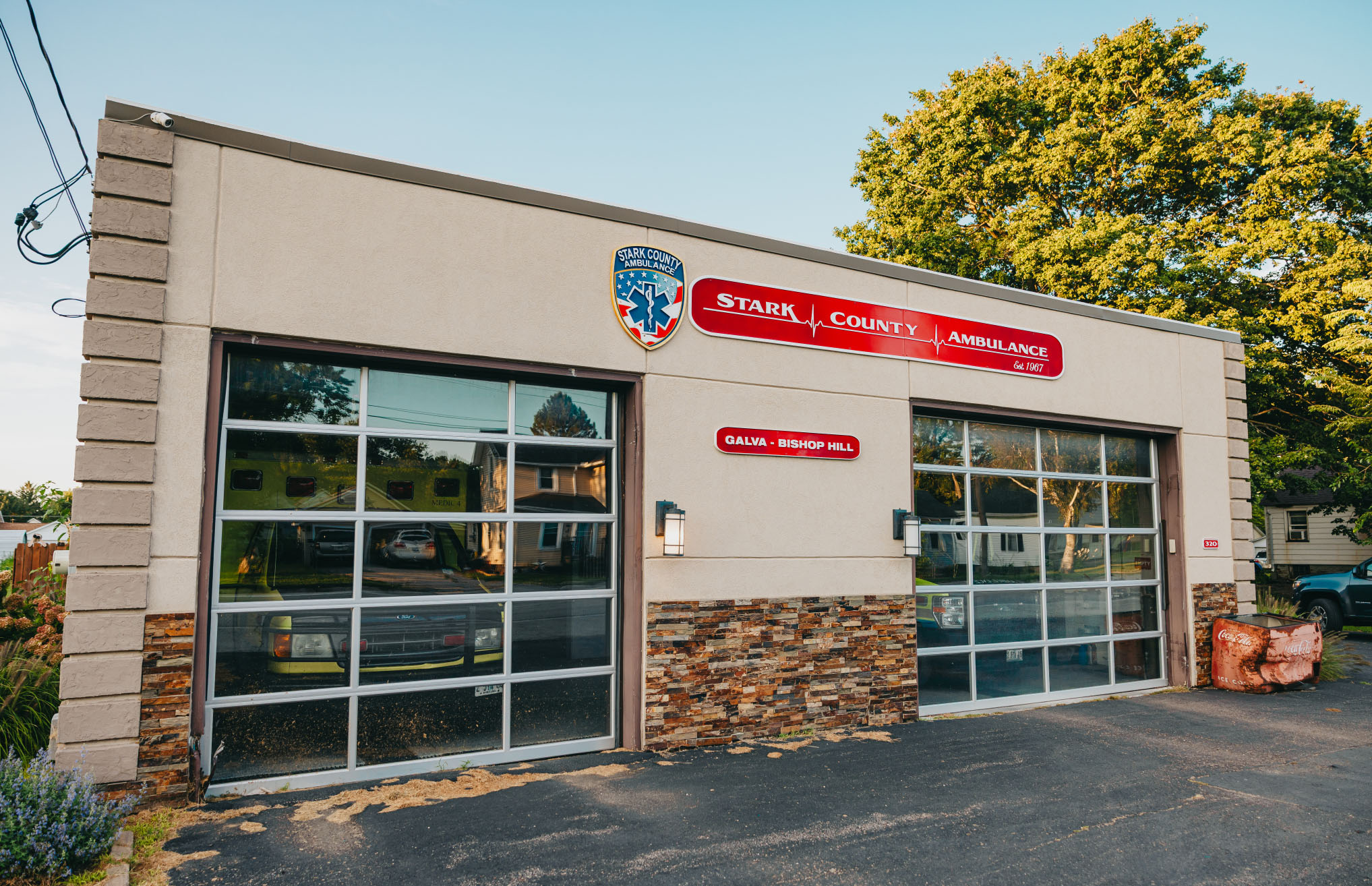 Stark County Ambulance Galva station exterior with two glass apparatus bay doors