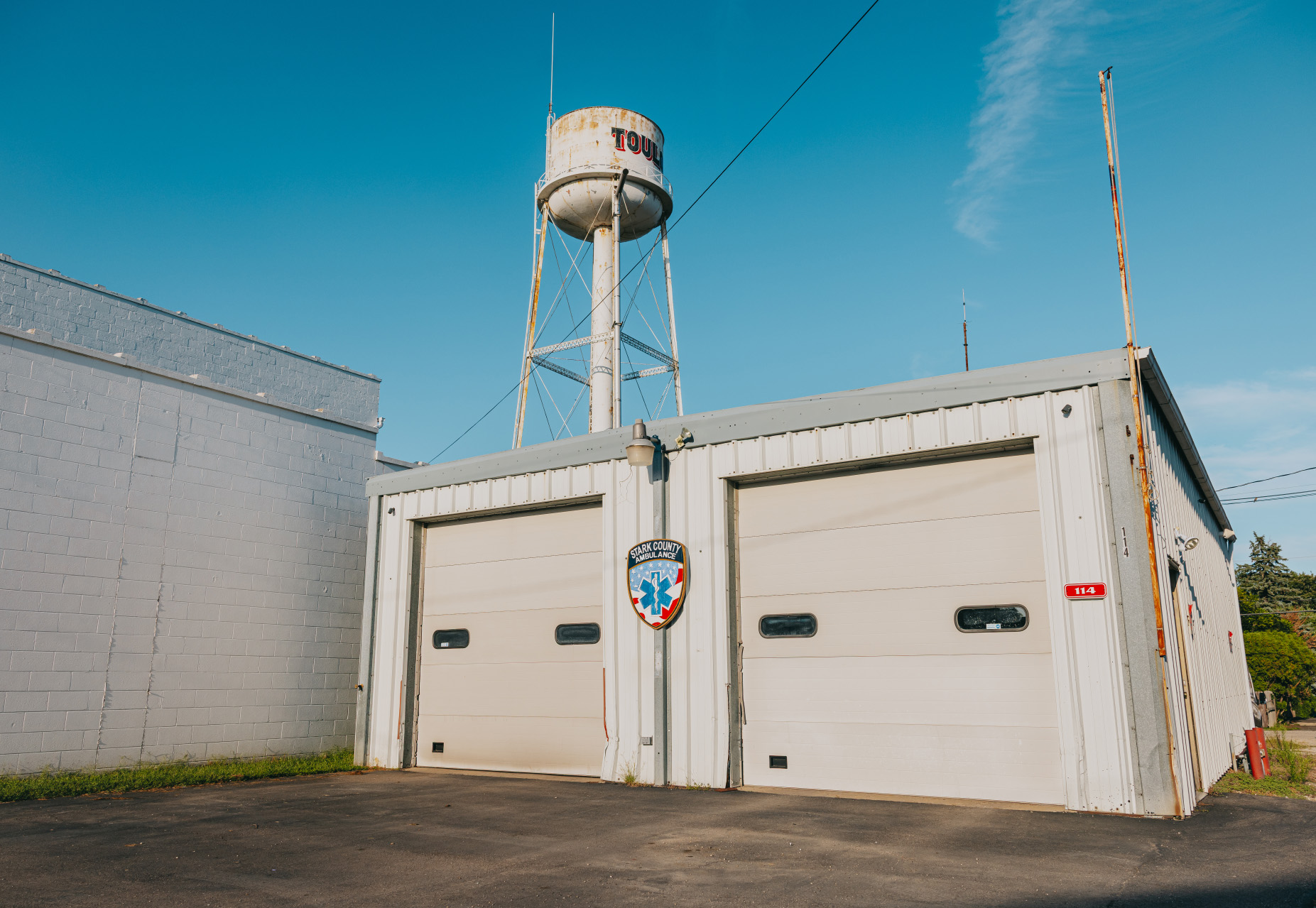 Stark County Ambulance Toulon headquarters station beneath the Toulon water tower