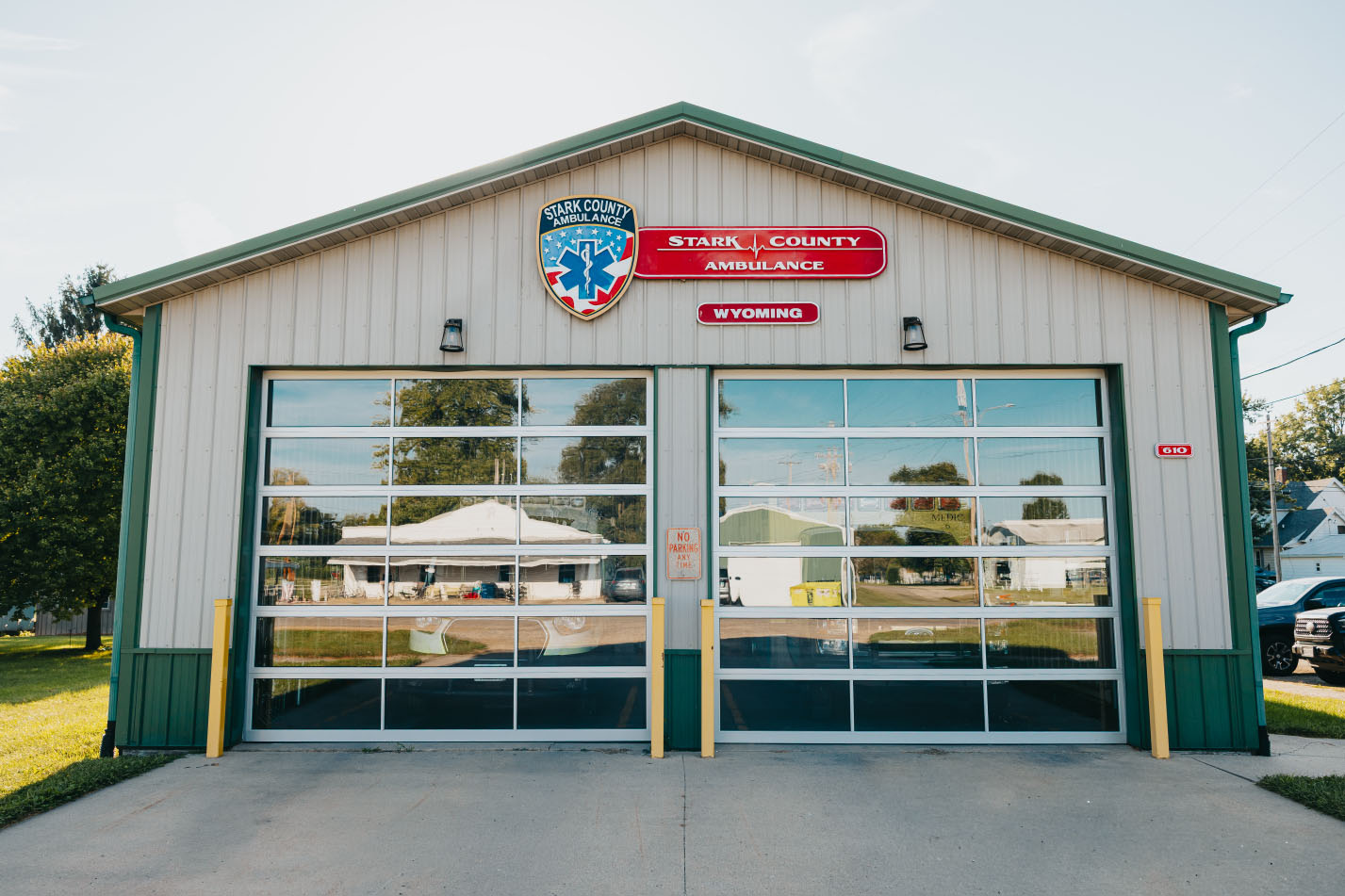 Stark County Ambulance Wyoming station with its two glass bay doors in Wyoming, Illinois