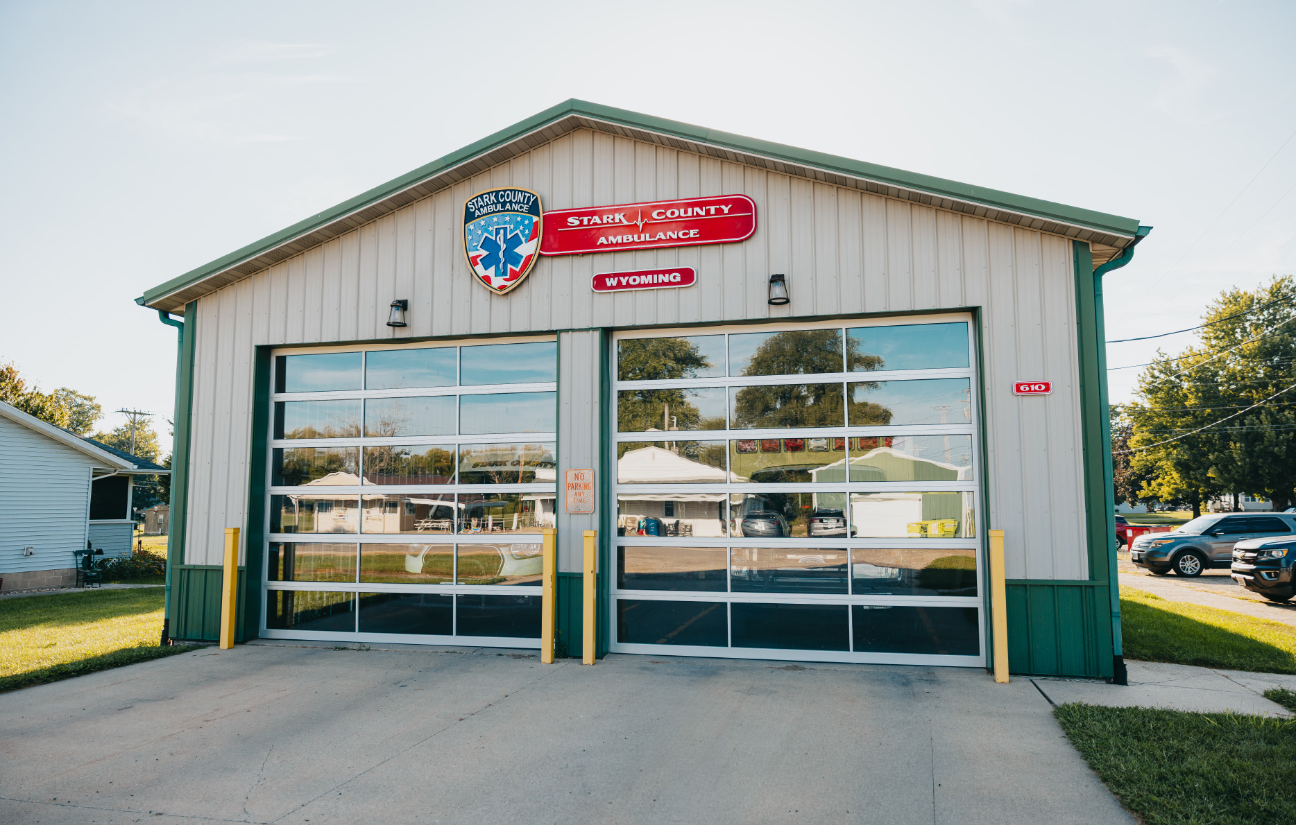 Angled view of the Stark County Ambulance Wyoming station and its bays in Wyoming, Illinois