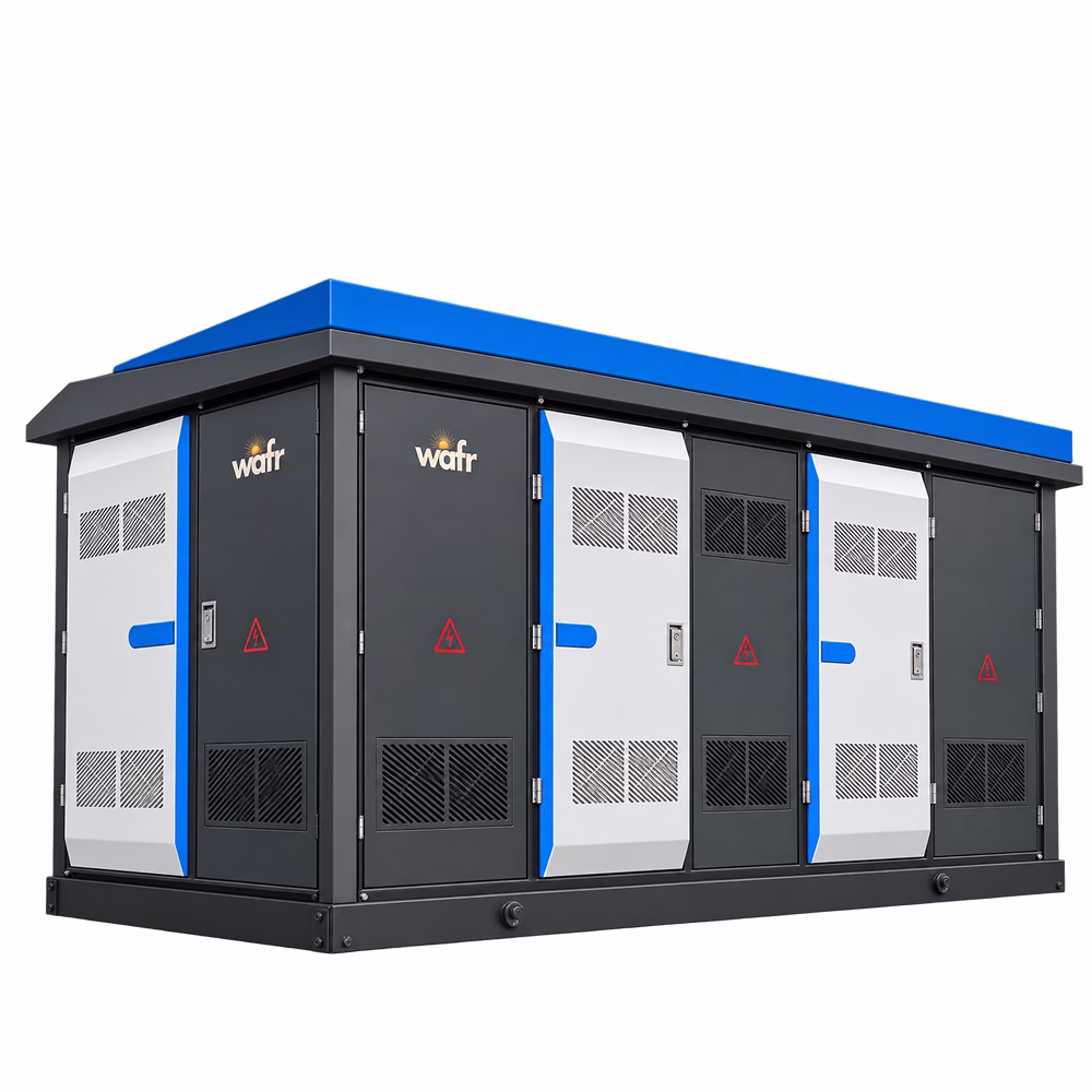Wafr packaged unit substation in a dark grey outdoor enclosure with a blue roof, lockable access doors and ventilation louvres