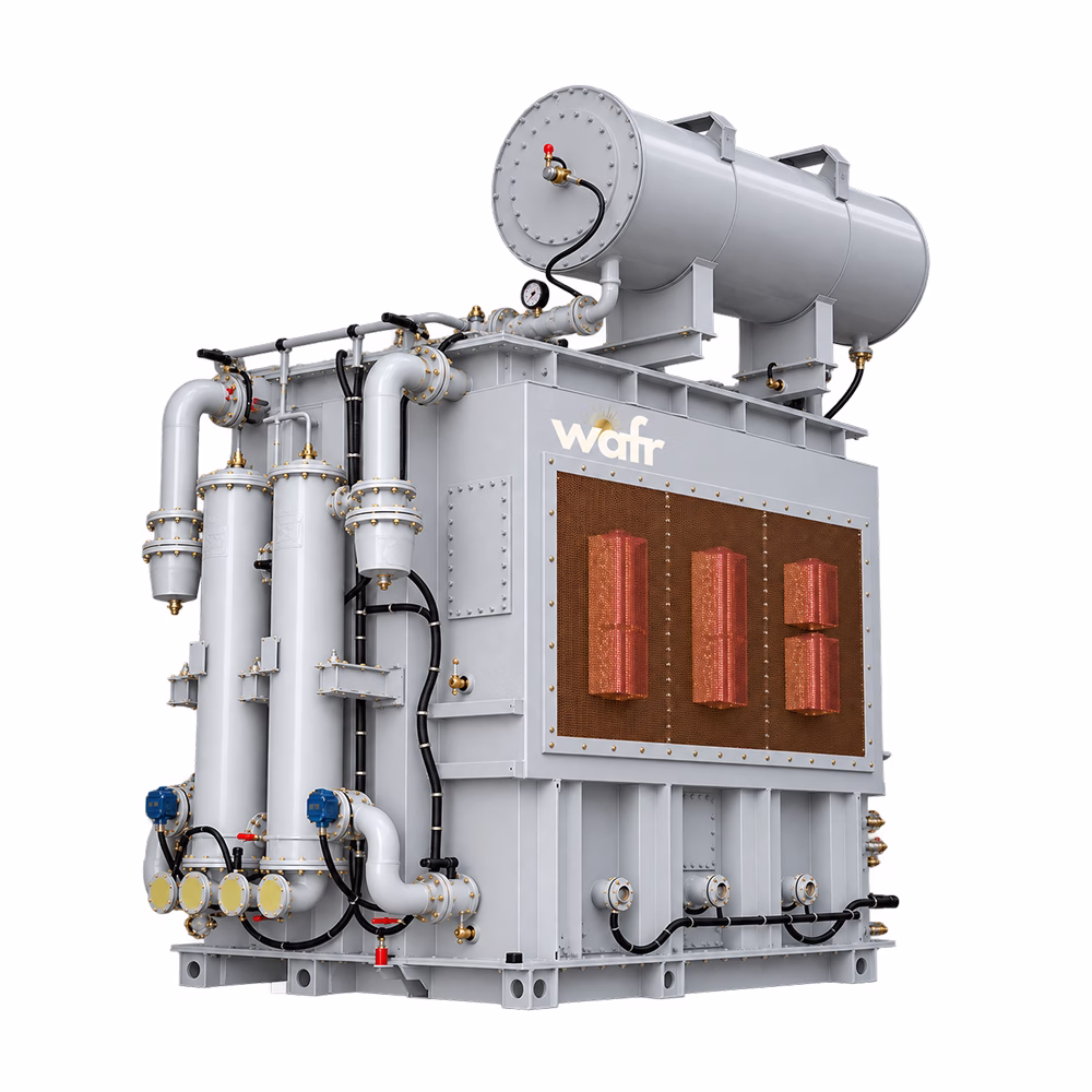 Wafr custom special-purpose transformer in light grey with an overhead conservator tank, external cooling pipework and a copper-mesh inspection panel