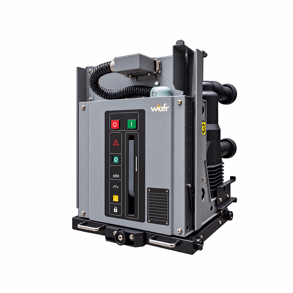 Wafr medium-voltage drawout vacuum circuit breaker in grey with a front control panel, black pole assemblies and a wheeled racking base