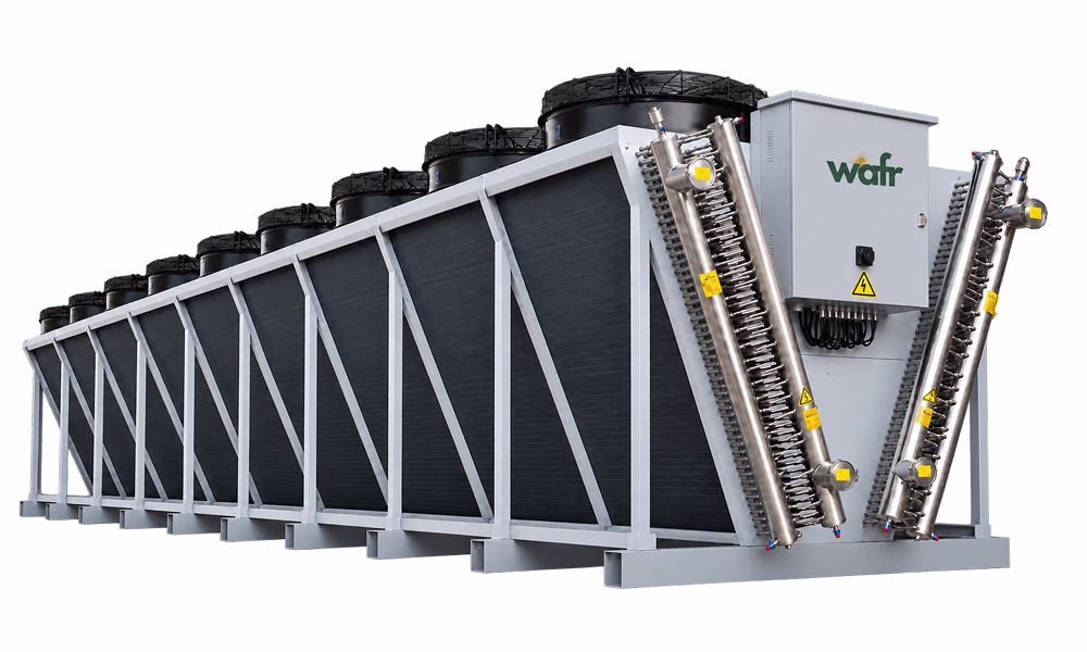 Wafr V-bank dry cooler with a row of top-mounted fans, dark finned coils in a light grey frame and stainless-steel headers beside the control box