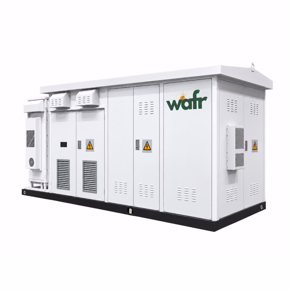 Wafr integrated power conversion and voltage boosting cabinet: white outdoor enclosure on a black skid base with louvred access doors and side-mounted cooling units