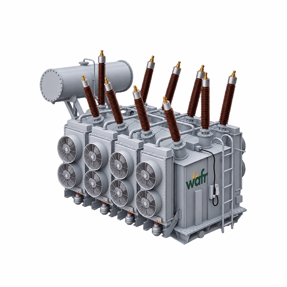 Wafr medium and large power transformer in grey with tall brown high-voltage bushings, an overhead conservator tank and banks of forced-air cooling fans