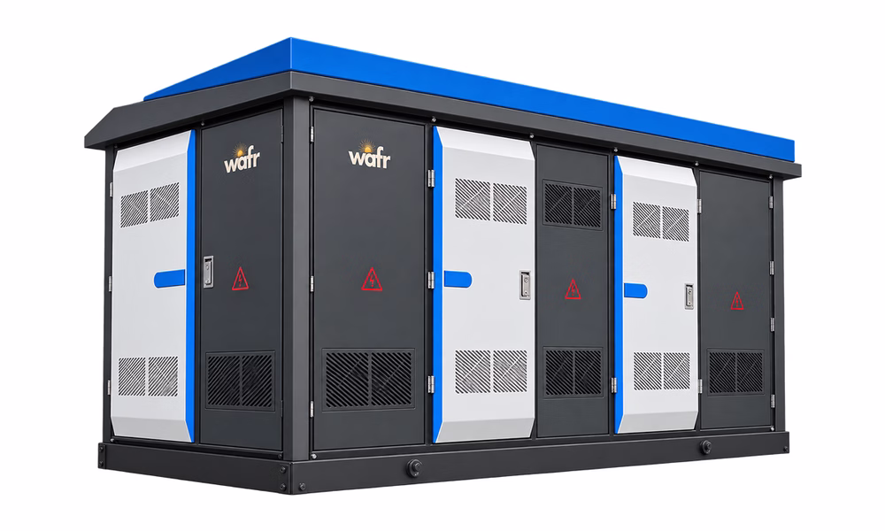 Wafr packaged unit substation in a dark grey outdoor enclosure with a blue roof, lockable access doors and ventilation louvres