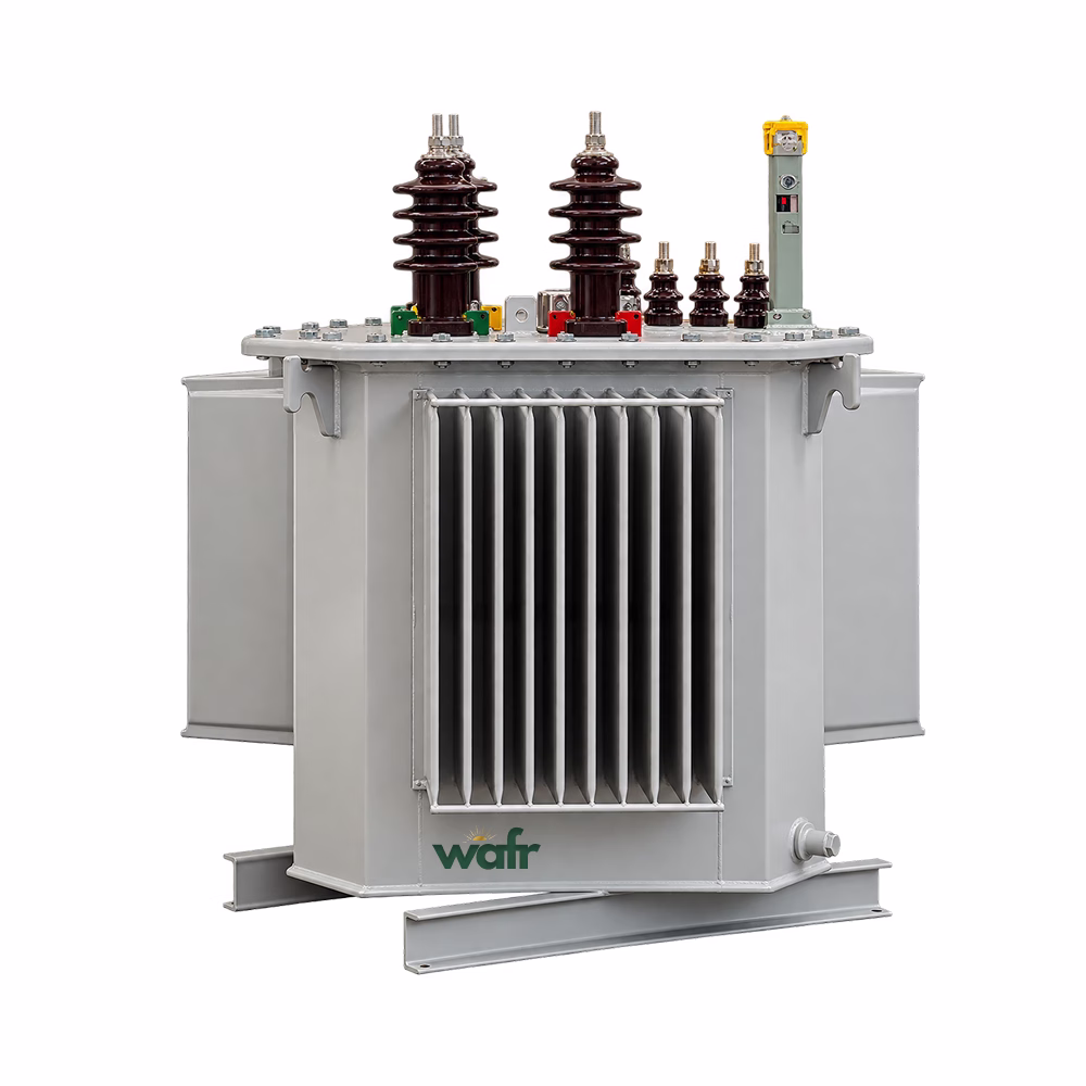 Wafr liquid-filled distribution transformer in light grey with brown porcelain bushings on top and side cooling radiators
