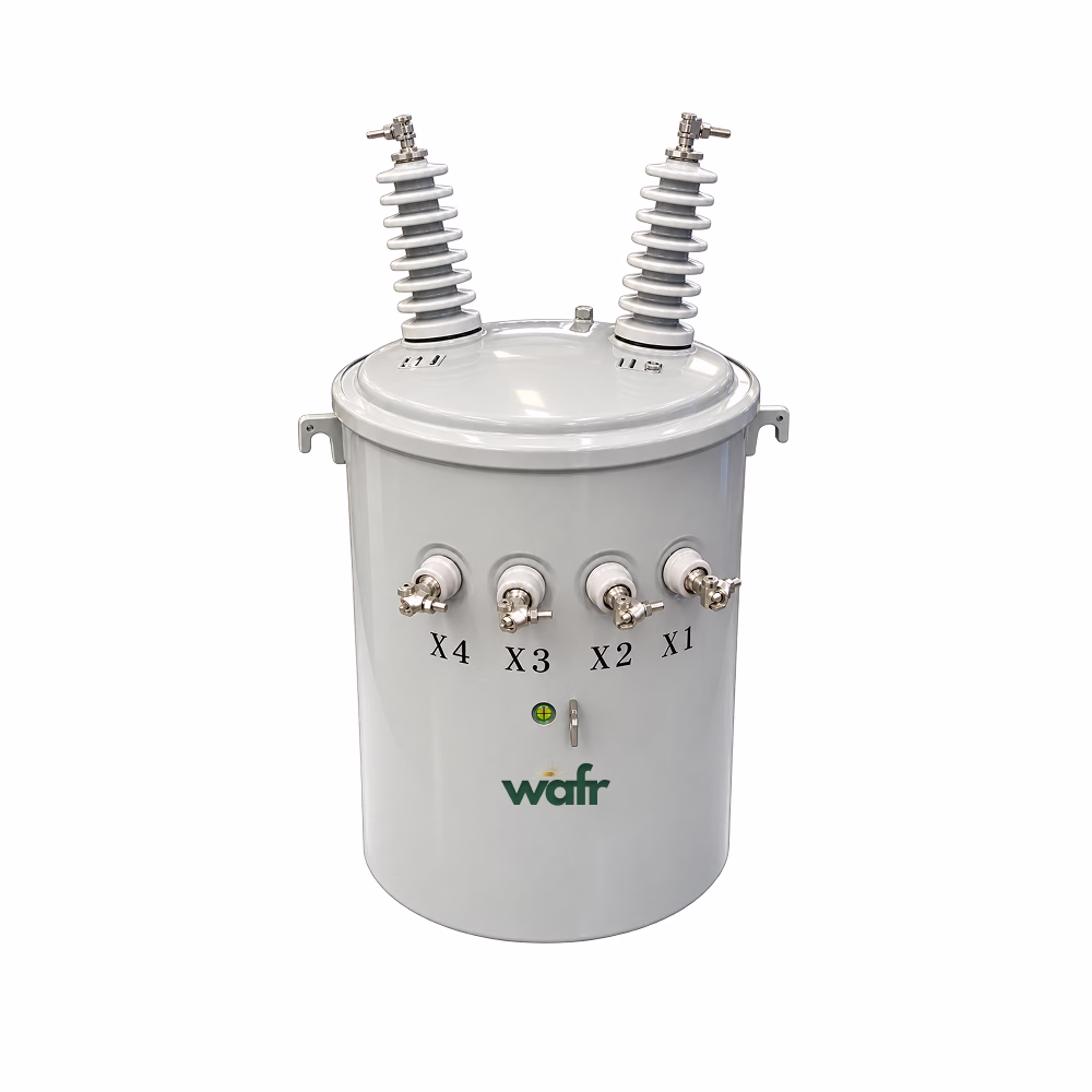 Wafr single-phase pole-mounted transformer: light grey cylindrical tank with two high-voltage bushings on top and X1 to X4 secondary terminals