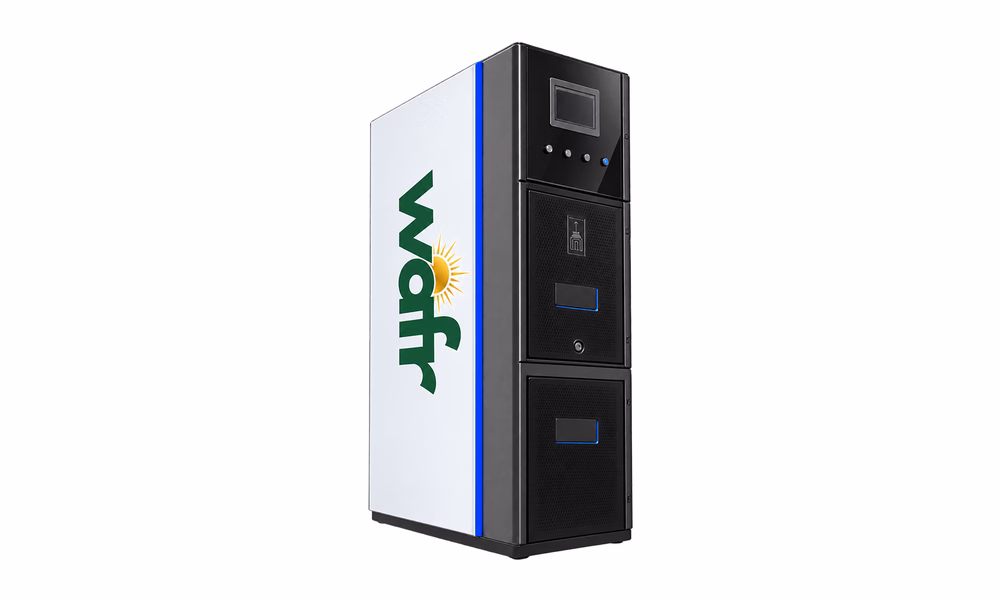 Wafr metal-clad switchgear cabinet with a black front, display panel and breaker compartments, white side panel with the green Wafr logo