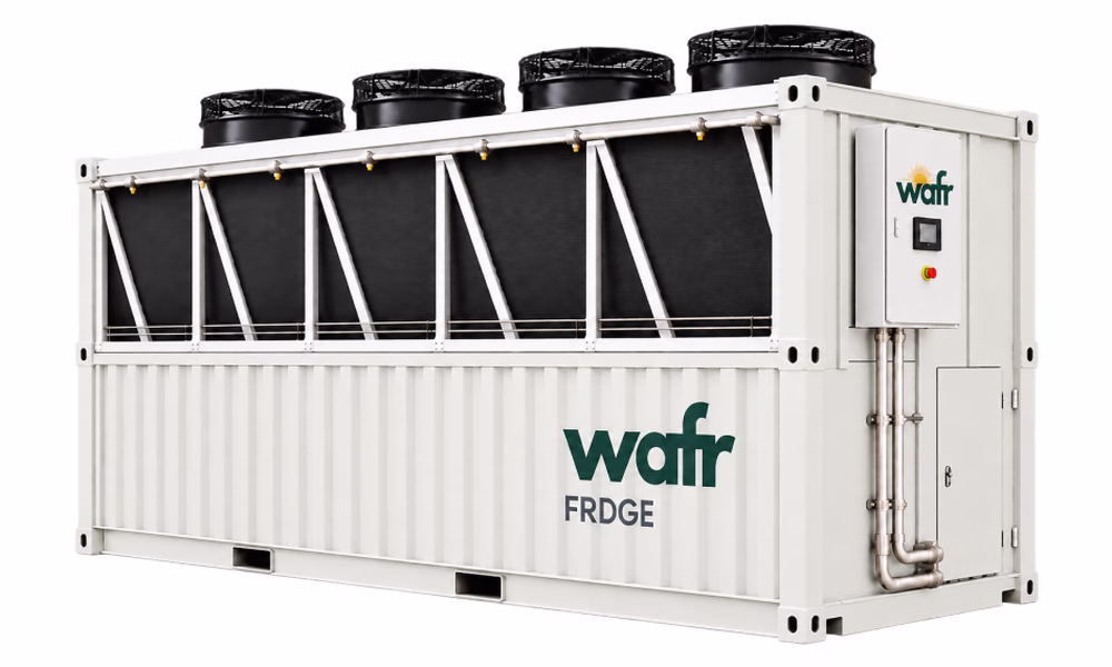 Wafr FRDGE cooling and thermal storage unit: white container with top-mounted fans, finned coils and a control panel