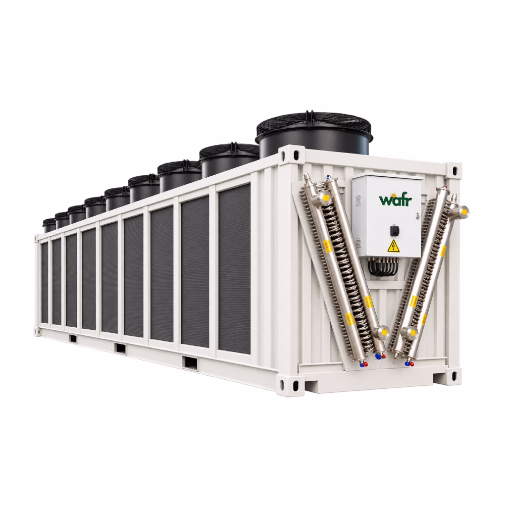 Wafr containerized dry cooler: white container with dark coil panels along the side, top-mounted fans, stainless-steel headers and a control box with the green Wafr logo