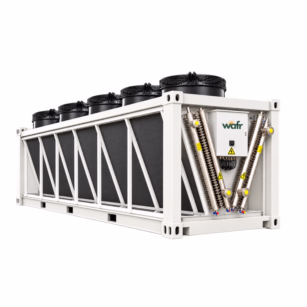 Wafr containerized adiabatic dry cooler: open white container frame with angled coil panels, top-mounted fans, stainless-steel headers and a control box with the green Wafr logo