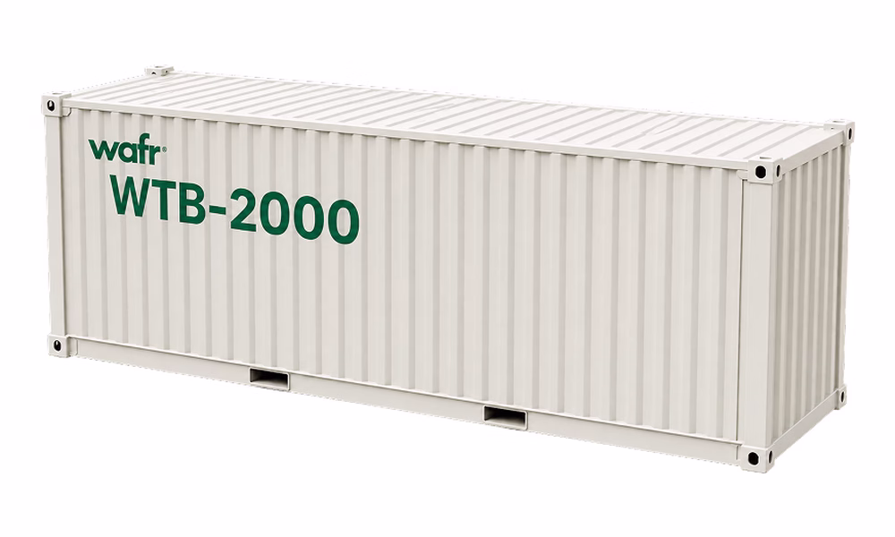 Wafr WTB-2000 thermal storage battery in an off-white 40 ft container