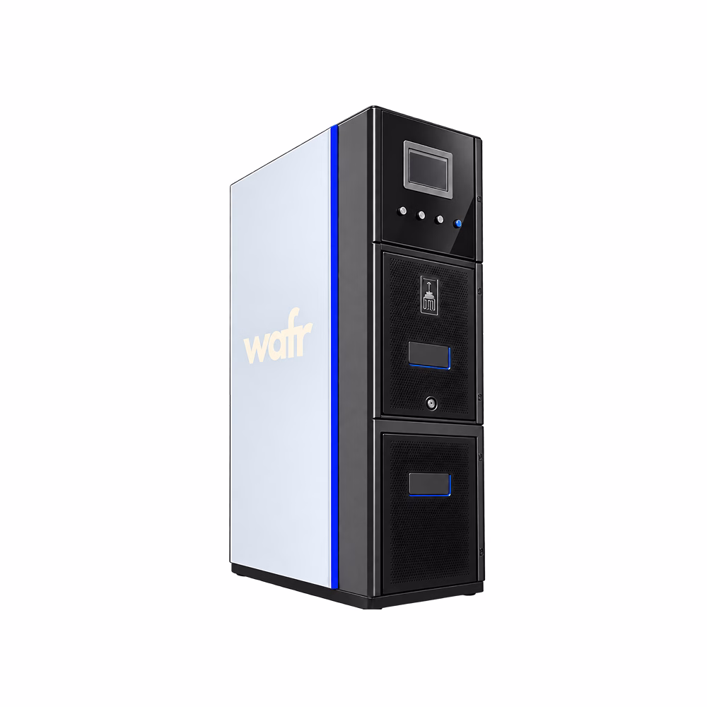 Wafr 5/15/27 kV metal-clad switchgear: tall cabinet with a black front, display panel and breaker compartments, light side panel with the Wafr logo and blue accent trim